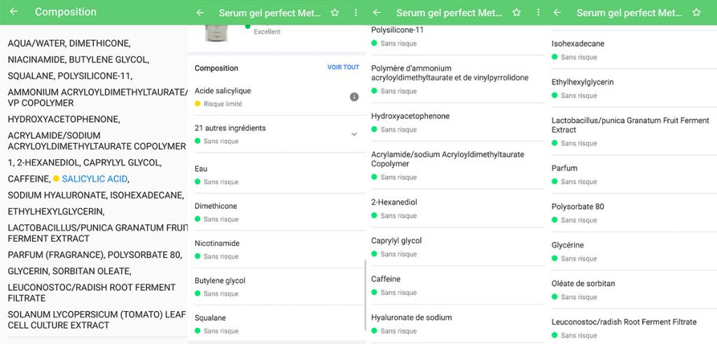 Composition yuka serum visage body minute excellent