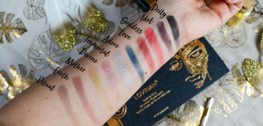swatch de la palette goddess glow de Lovinah Beauty